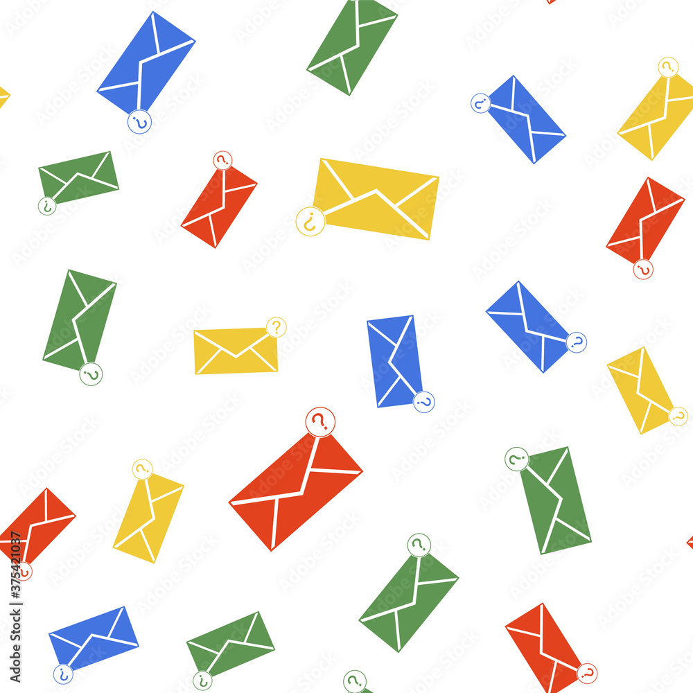 Poster color envelope with question mark icon isolated seamless pattern on white background. letter with qu