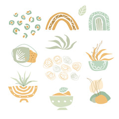 Big set abstract aesthetic shapes. Hand drawn abstraction boho plants, vases, leaves, rainbow,  prophet, lines, leopard. Modern floral vector illustration, poster, mood board, wall art poster, fashion
