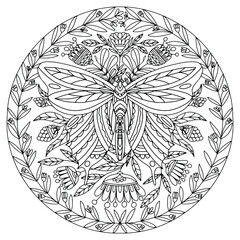 butterfly with abstract ornaments drawn on a background decorated with plants for coloring, vector, mandala