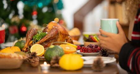 People Celebrating Thanksgiving Dinner at home . Celebration tradition concept