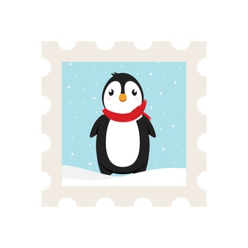 Cute Penguin Stamp, Christmas Stamp, Holiday Christmas Illustration Background