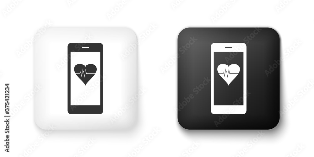 Poster black and white smartphone with heart rate monitor function icon isolated on white background. squar
