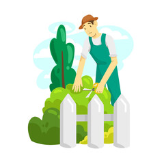 Vector illustration of a man cuts bushes. Garden flat illustration.