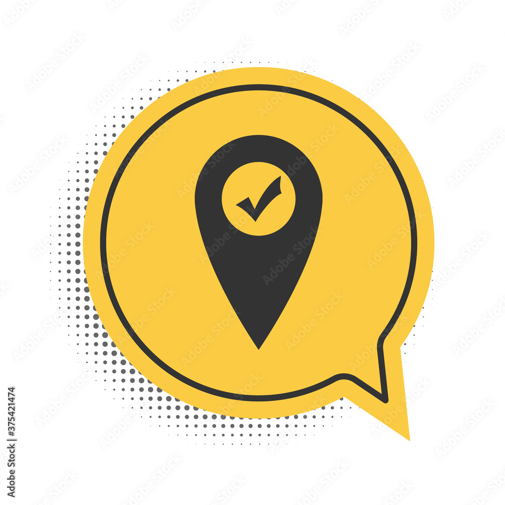 Poster black map pointer with check mark icon isolated on white background. marker location sign. tick symb
