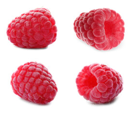 Set of fresh ripe raspberries on white background