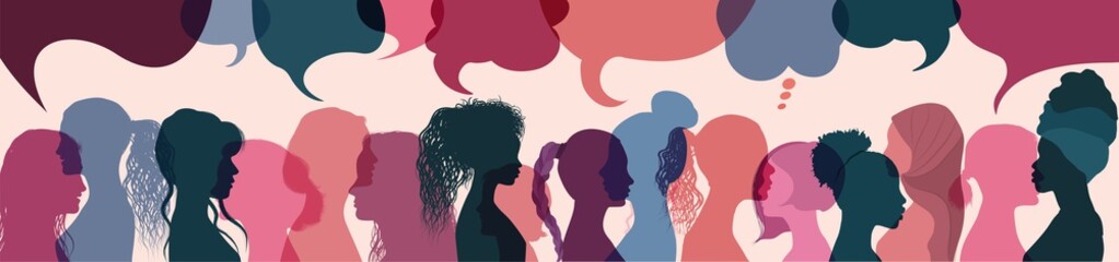 Silhouette group multiethnic women who talk and share ideas and information. Women social network community. Communication and friendship women or girls diverse cultures. Speech bubble