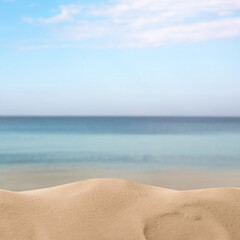Fototapeta na wymiar Beautiful beach with golden sand near sea, closeup view