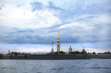 Beautiful historic St. Petersburg panorama view of city architecture heritage from the Neva river with dramatic sky. 
