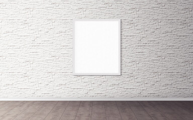 White poster with white frame on wall. Mockup for you design preview. Layout concept.