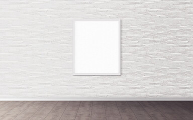 White poster with white frame on wall. Mockup for you design preview. Layout concept.