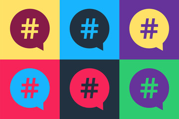 Obraz premium Pop art Hashtag in circle icon isolated on color background. Social media symbol, concept of number sign, social media, micro blogging pr popularity. Vector.