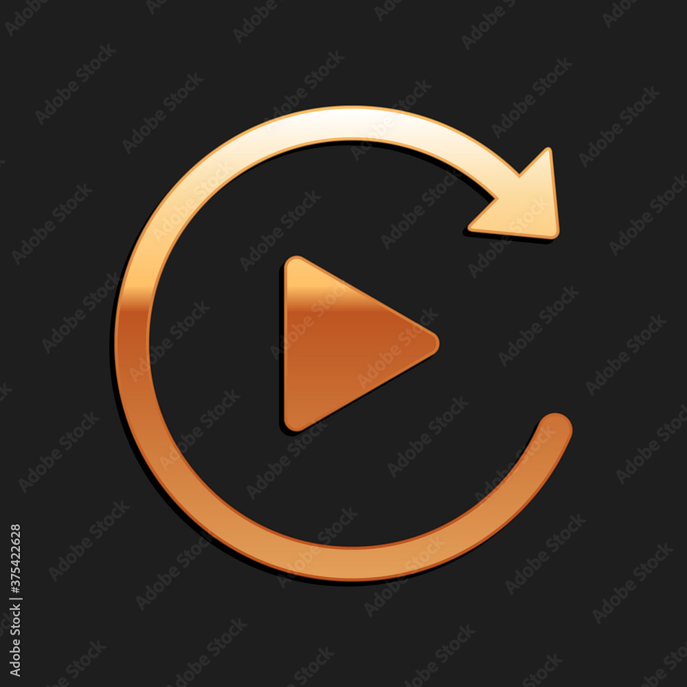 Poster gold video play button like simple replay icon isolated on black background. long shadow style. vect