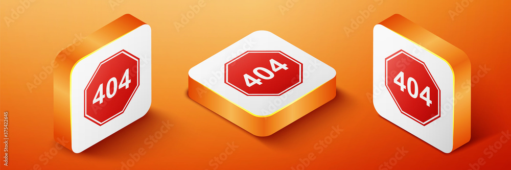 Poster isometric page with a 404 error icon isolated on orange background. template reports that the page i