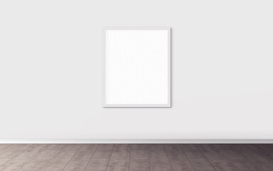 White vertical blank poster with white frame on wall. Empty mock-up for you design preview. Good use for presentation.