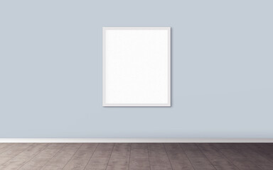 White vertical blank poster with white frame on wall. Empty mock-up for you design preview. Good use for presentation.
