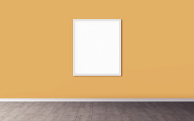 White vertical blank poster with white frame on wall. Empty mock-up for you design preview. Good use for presentation.