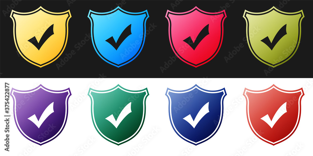 Poster set shield with check mark icon isolated on black and white background. protection symbol. security 