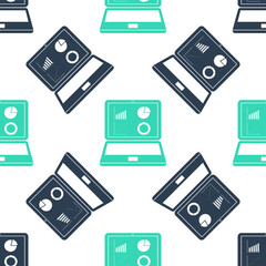 Green Laptop with graph chart icon isolated seamless pattern on white background. Report text file icon. Accounting sign. Audit, analysis, planning. Vector.