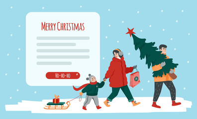 Happy family walking home after holiday shopping.  Mother, father, and a kid holding presents and a Christmas tree. Winter banner template. Cute flat cartoon illustration.