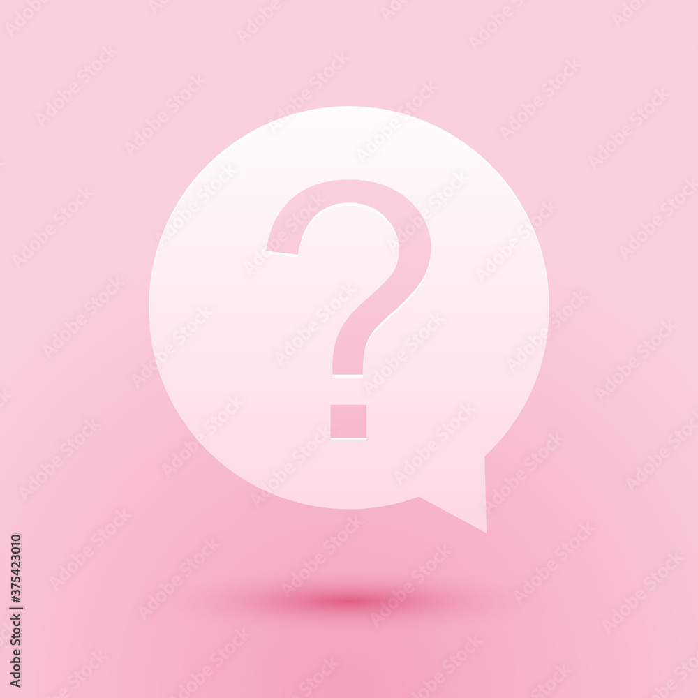 Poster paper cut question mark in circle icon isolated on pink background. hazard warning symbol. help symb