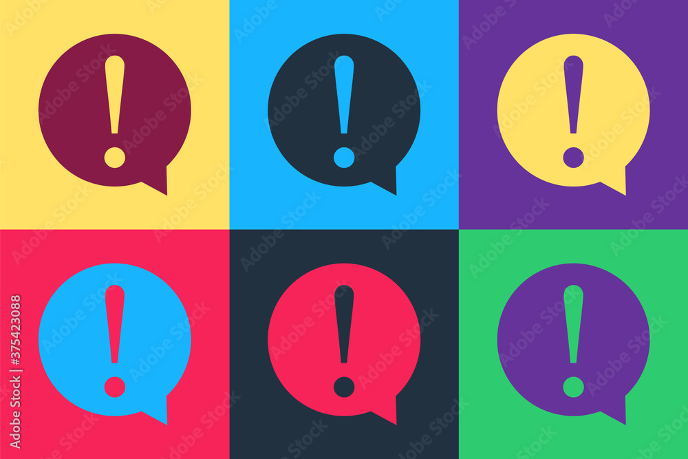 Poster pop art exclamation mark in circle icon isolated on color background. hazard warning symbol. faq sig