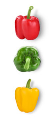 Fresh whole bell peppers on white background, top view