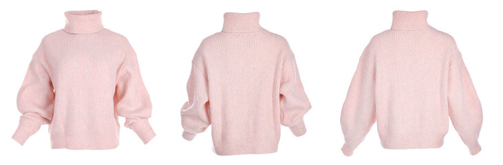 Collage with stylish warm pink sweater on white background