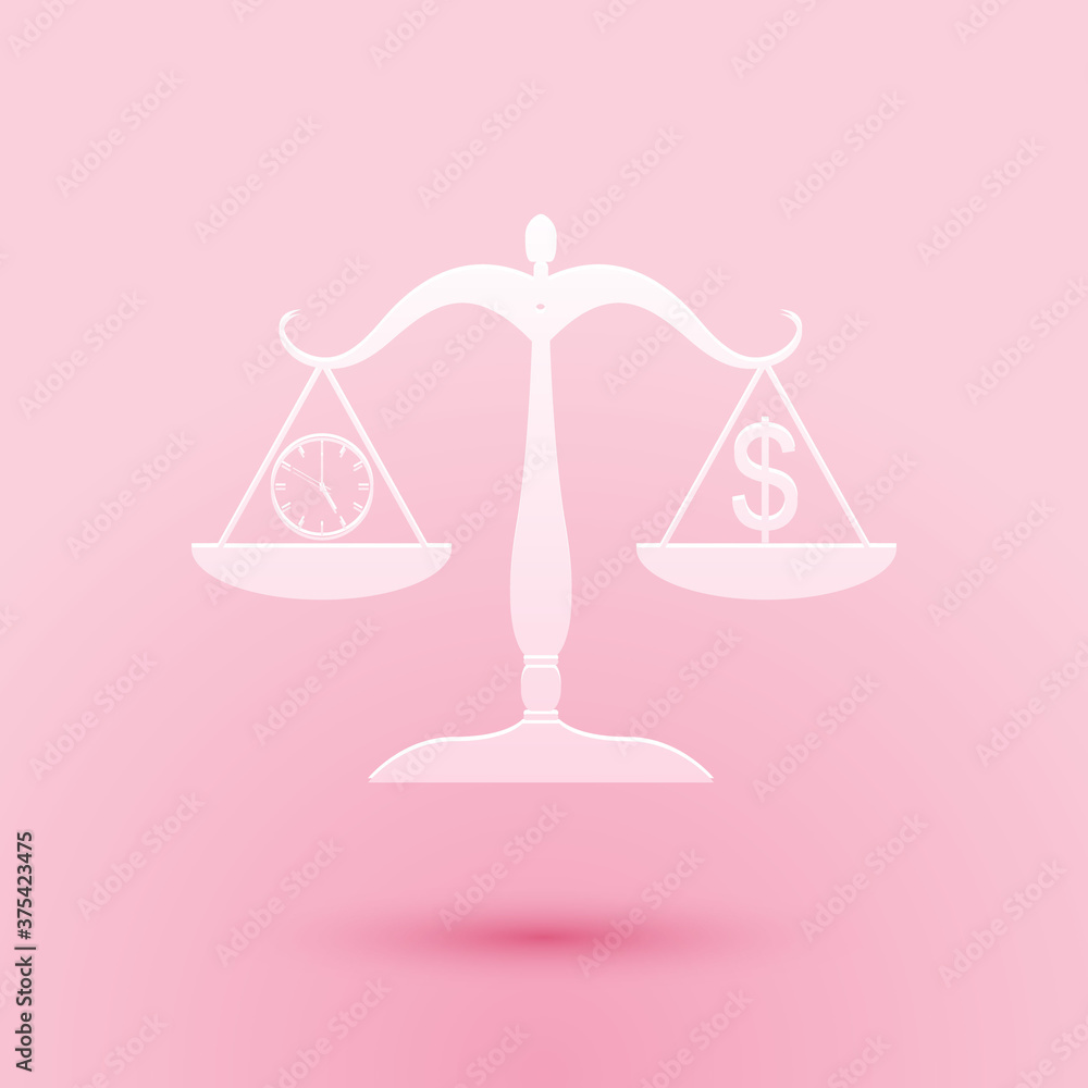 Poster paper cut scale weighing money and time icon isolated on pink background. scales with hours and a co