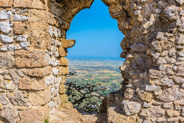 Fototapeta na wymiar The view from a defensive opening in Kantara Castle over the Mesaoria Plain, Northern Cyprus
