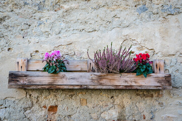 Old wall with a shelf of rough boards with flowers
