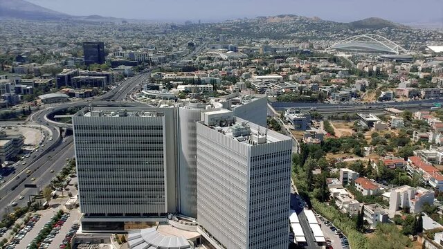 Aerial panoramic view of northern suburbs of Athens Marousi and Kifissia area, Attica, Greece, Europe