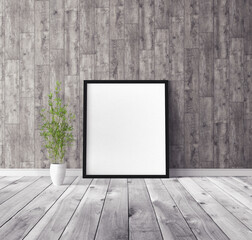 White vertical empty poster with frame standing on floor. Mockup template for you design preview.