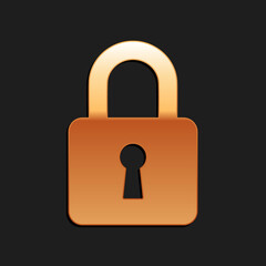 Gold Lock icon isolated on black background. Padlock sign. Security, safety, protection, privacy concept. Long shadow style. Vector.