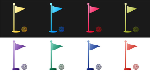 Set Golf ball and hole with flag icon isolated on black and white background. Golf course. Ball and flagstick in hole. Sport concept. Vector.