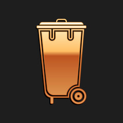 Gold Trash can icon isolated on black background. Garbage bin sign. Recycle basket icon. Office trash icon. Long shadow style. Vector.