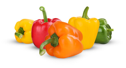 Many whole bell peppers on white background