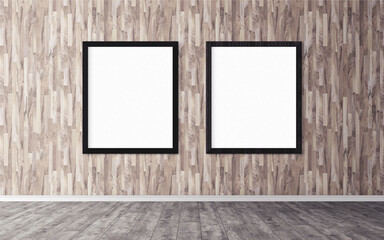 Two white posters with frame on wall. Mock up for you design preview. Good use for advertasing...
