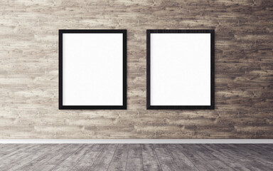 Two white posters with frame on wall. Mock up for you design preview. Good use for advertasing...