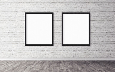 Two white posters with frame on wall. Mock up for you design preview. Good use for advertasing materials.