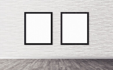 Two white posters with frame on wall. Mock up for you design preview. Good use for advertasing materials.