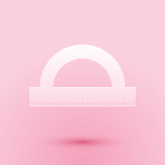 Paper cut Protractor grid for measuring degrees icon isolated on pink background. Tilt angle meter. Measuring tool. Geometric symbol. Paper art style. Vector.