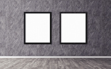 Two white posters with frame on wall. Mock up for you design preview. Good use for advertasing materials.