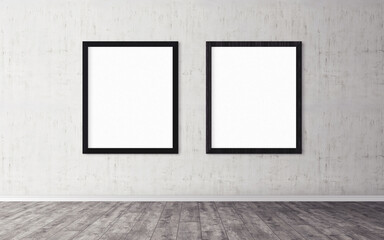 Two white posters with frame on wall. Mock up for you design preview. Good use for advertasing...