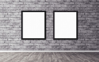 Two white posters with frame on wall. Mock up for you design preview. Good use for advertasing...