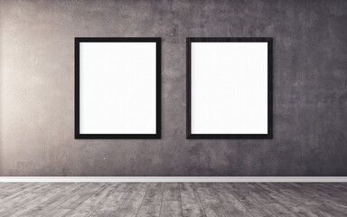 Two white posters with frame on wall. Mock up for you design preview. Good use for advertasing...