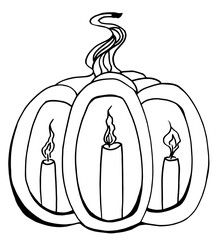 Pumpkin lamp with three candles inside, black line. - 375424802