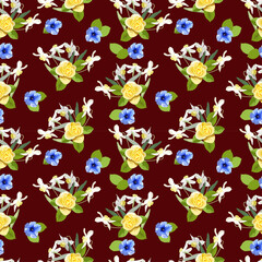 Vector seamless floral pattern on a brown background with a yellow rose and daffodils and blue petunia flowers, for fabric design, wallpaper, wrapping paper. Spring flowers.