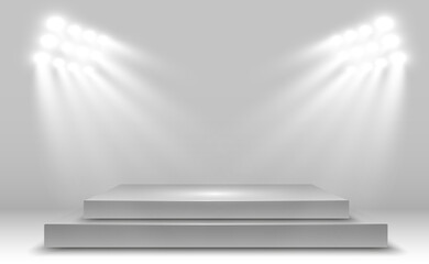 Realistic 3d Light Box with platform background for design performance, show, exhibition. Vector illustration of Lightbox Studio Interior. Podium with spotlights.