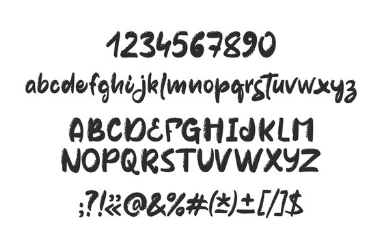 Vector Full Hand drawn textured Brush font. Handwritten English Abc alphabet with numbers and punctuation.