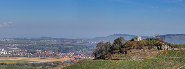 View from the vineyards near the small village of Strümpfelbach down to the Rems valley. The small tower on the right is the shooters cabin "Esel", a former refuge for vinyards shooters, built in 1928